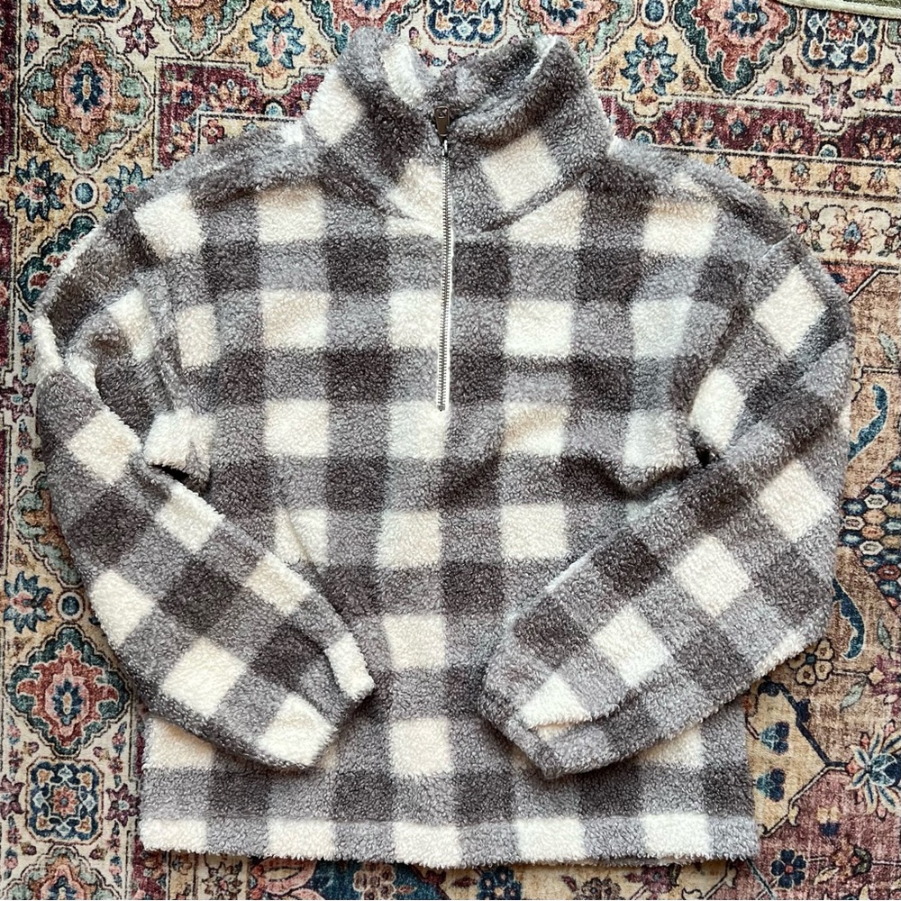 Cozy Gray & White Plaid Half-Zip Sherpa Pullover